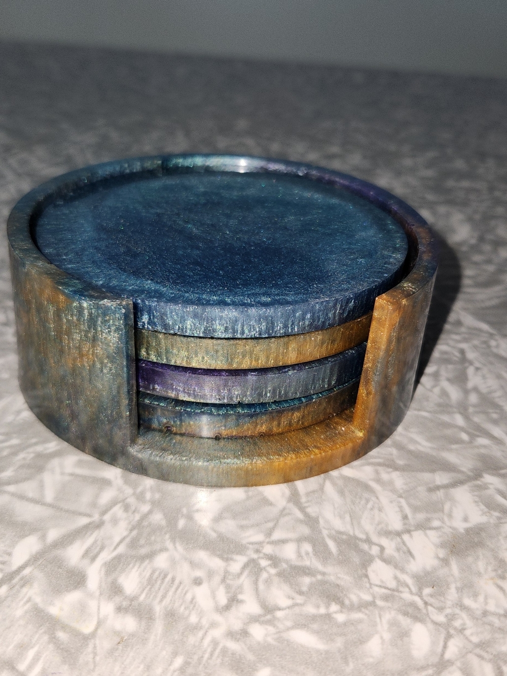 Source Unknown Blue and Gold Marble Coaster Set with Holder